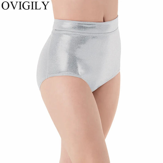 OVIGILY Women Metallic Cheer Booty Dance Shorts Girls Mid Waist Gymnastics Shorts Red Underpants Shiny Stage Performance Bottoms
