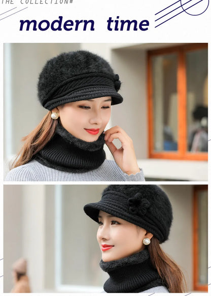 New Women Winter Hat, Keep Warm Cap, Add Fur Lined Hat & Scarf Warm Set, Fashion Hat For Women Casual Faux Fur Flower Knitted Hat