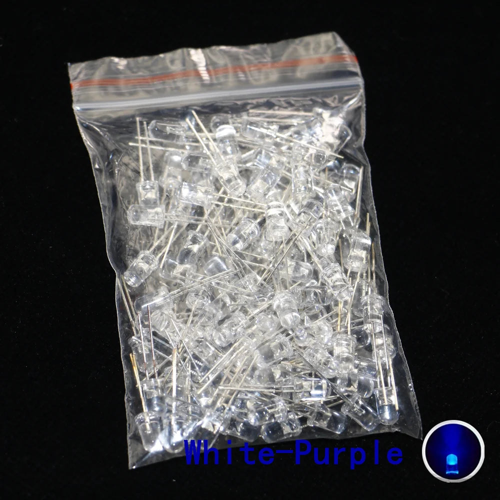 100pcs, 5mm LED Diode, 5mm Assorted Kit, White Green Red Blue Yellow Orange Pink Purple Warm white DIY Light Emitting Diode
