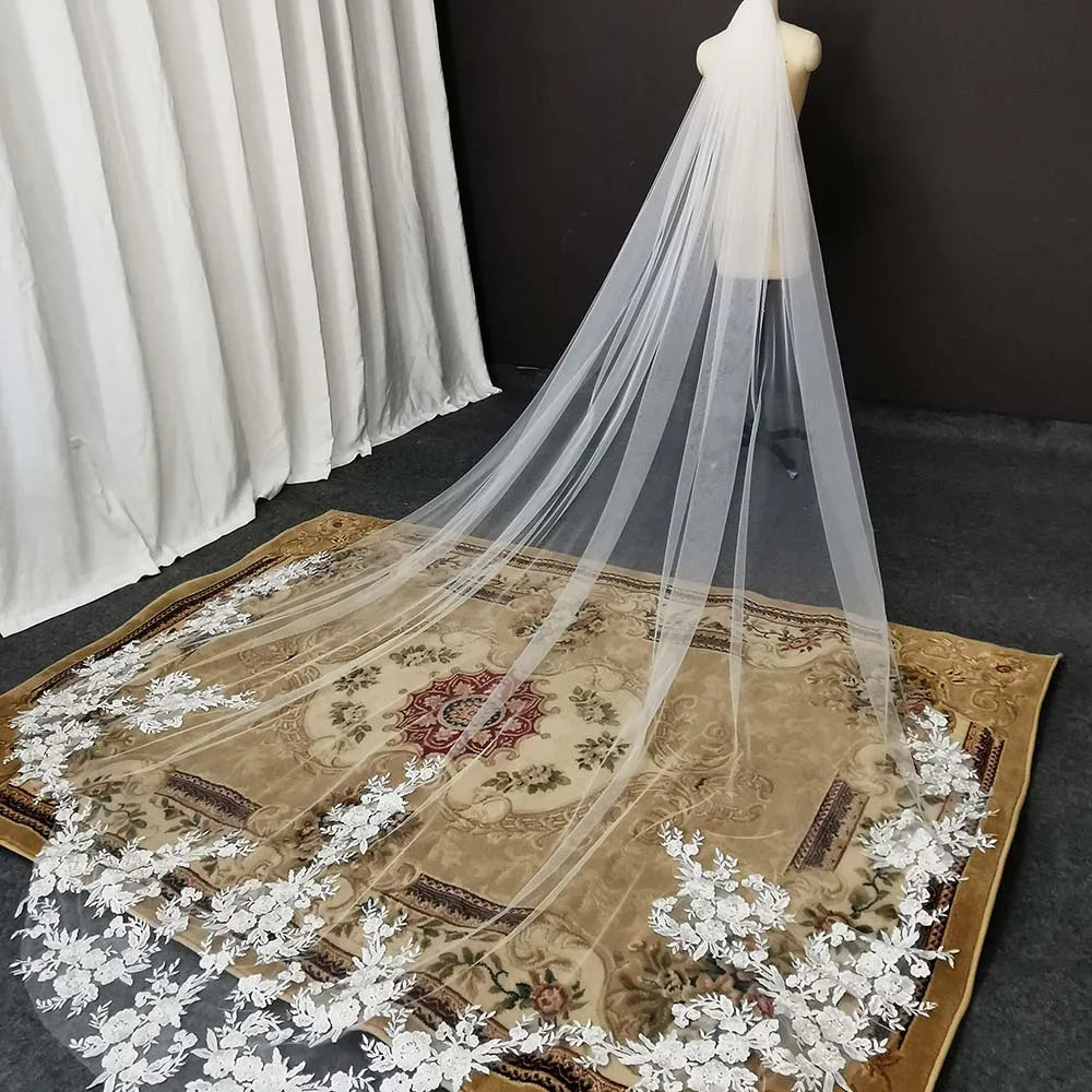 Customized High Quality Vintage Wedding Veil, 3.5M Long Special Cut Royal Bridal Veil with Comb, Bling Sequins Lace Veil