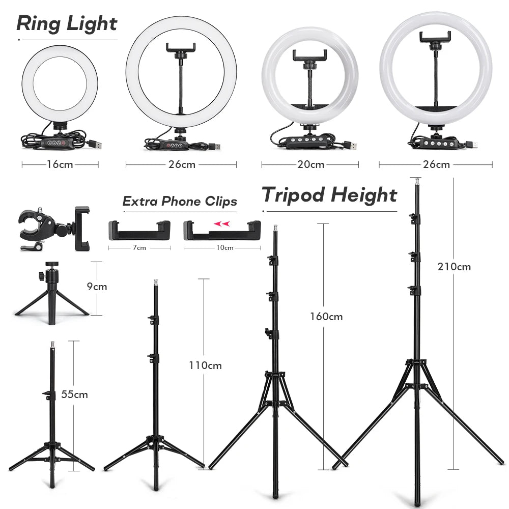 Tripod With LED Ring Light For Phone, Tripod Camera Stand Selfie Photography Light LED Lamp Color Photo Studio For YouTube Live