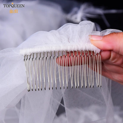 TOPQUEEN V30 Classic Bridal Wedding Veils Plain Yarn 1 Tier Soft Wedding Long Veil with Comb Wedding Dress Accessories Black Red