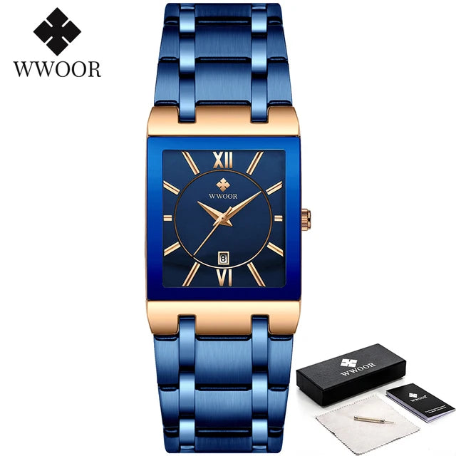 New Fashion Watches For Men, WWOOR Luxury Square Blue Men's Wristwatch, Stainless Steel Waterproof Quartz Clock, Male, Relogio Masculino