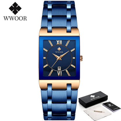 New Fashion Watches For Men, WWOOR Luxury Square Blue Men's Wristwatch, Stainless Steel Waterproof Quartz Clock, Male, Relogio Masculino