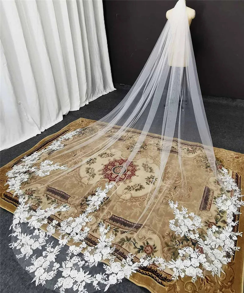 Customized High Quality Vintage Wedding Veil, 3.5M Long Special Cut Royal Bridal Veil with Comb, Bling Sequins Lace Veil