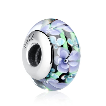 BAMOER 925 Sterling Silver Lovely Pink Flower European Murano Glass Charm Beads for DIY Charm Bracelets Christmas Gifts SCZ001