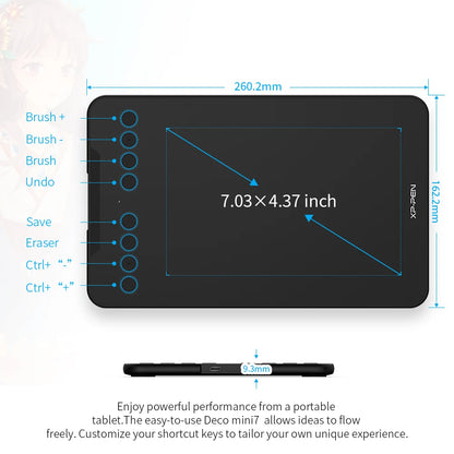 XPPen Deco Mini7 V2 Graphics Tablet, 7*4.3 Inch Digital Drawing Tablet, 8 Keys 16384 Levels 60 Tilt for Art Drawing Signature