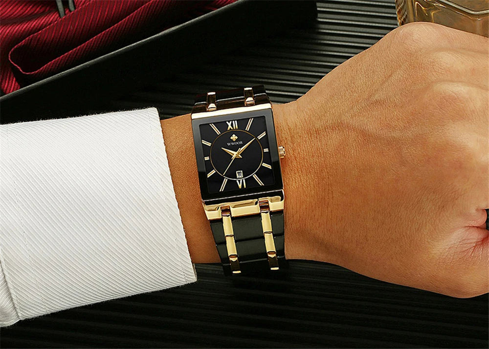 New Fashion Watches For Men, WWOOR Luxury Square Blue Men's Wristwatch, Stainless Steel Waterproof Quartz Clock, Male, Relogio Masculino