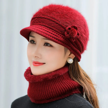 New Women Winter Hat, Keep Warm Cap, Add Fur Lined Hat & Scarf Warm Set, Fashion Hat For Women Casual Faux Fur Flower Knitted Hat