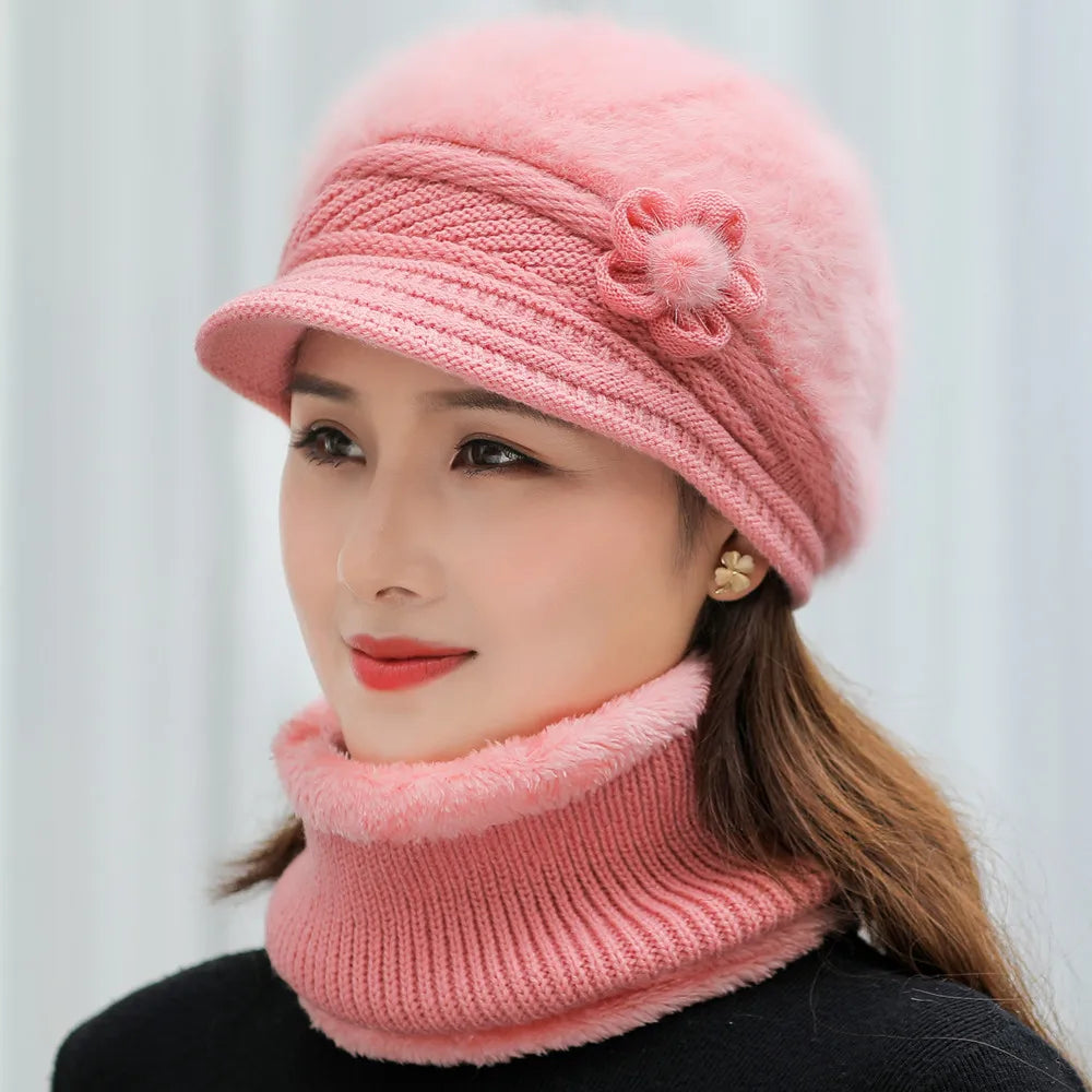 New Women Winter Hat, Keep Warm Cap, Add Fur Lined Hat & Scarf Warm Set, Fashion Hat For Women Casual Faux Fur Flower Knitted Hat