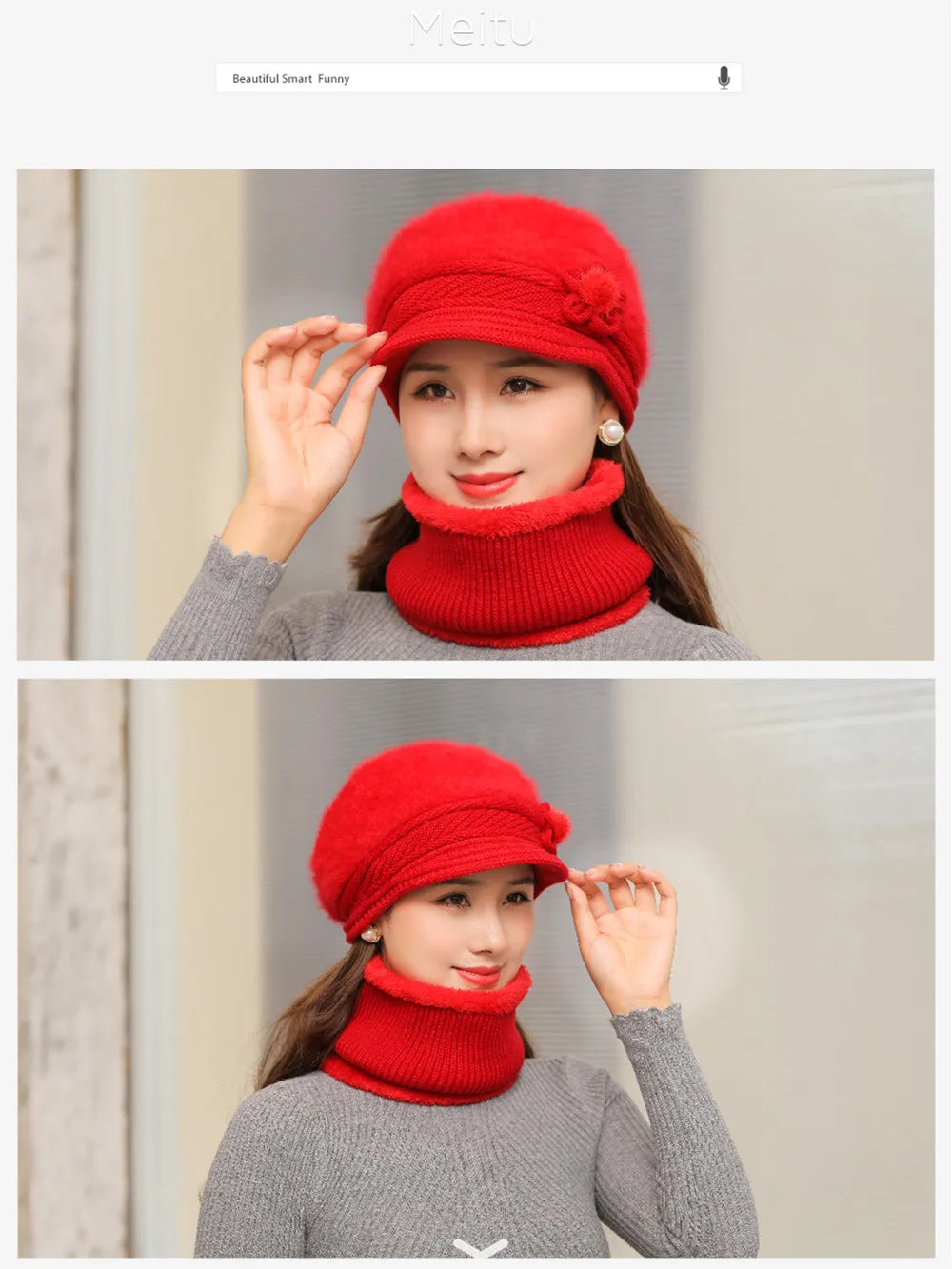 New Women Winter Hat, Keep Warm Cap, Add Fur Lined Hat & Scarf Warm Set, Fashion Hat For Women Casual Faux Fur Flower Knitted Hat