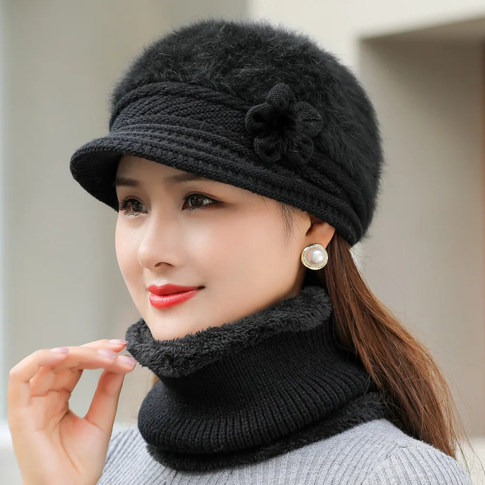 New Women Winter Hat, Keep Warm Cap, Add Fur Lined Hat & Scarf Warm Set, Fashion Hat For Women Casual Faux Fur Flower Knitted Hat