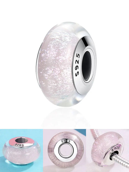 BAMOER 925 Sterling Silver Lovely Pink Flower European Murano Glass Charm Beads for DIY Charm Bracelets Christmas Gifts SCZ001
