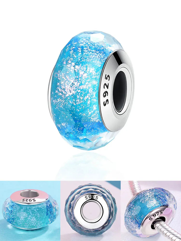 BAMOER 925 Sterling Silver Lovely Pink Flower European Murano Glass Charm Beads for DIY Charm Bracelets Christmas Gifts SCZ001