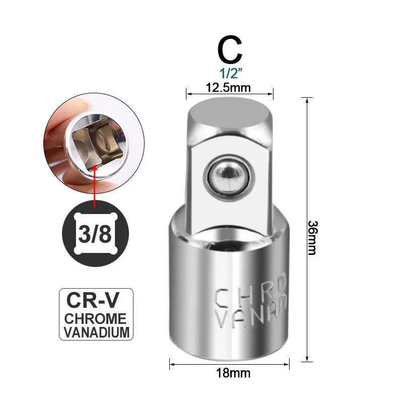 Ratchet Wrench Socket Converter Sleeve Head Adapter 1/2" (Female) to 3/8" (Male), 3/8" (Female) to 1/4" (Male), 1/4" (Female) to 3/8" (Male), 3/8" (Female) to 1/2" (Male) Stainless Steel