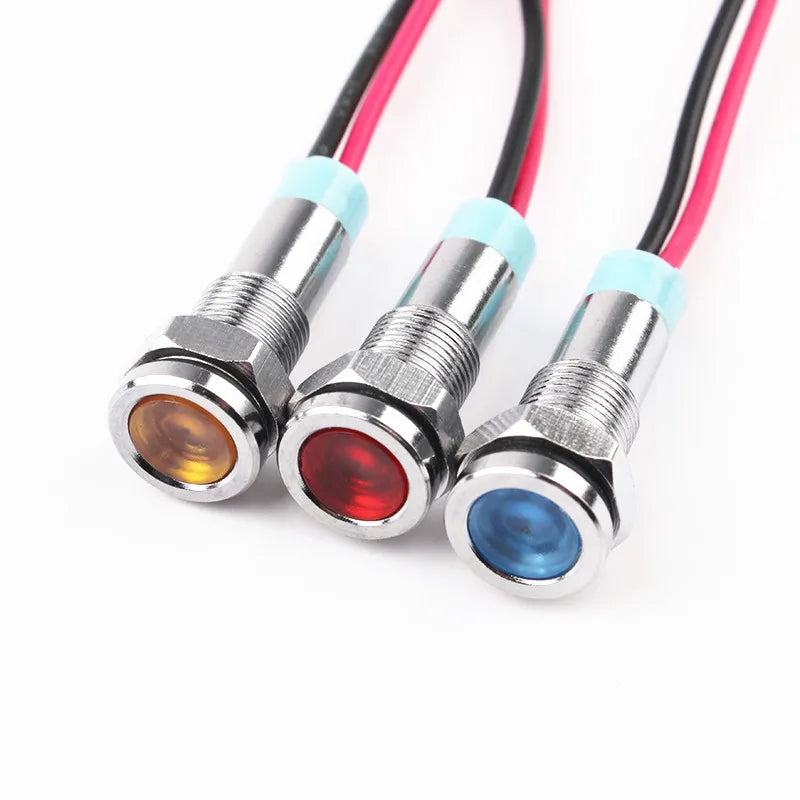 1pcs 6mm Flat Head LED Metal Indicator Light, 6mm Waterproof Signal Lamp 6V 12V 24V 220V with Wire, Red Yellow Blue Green White