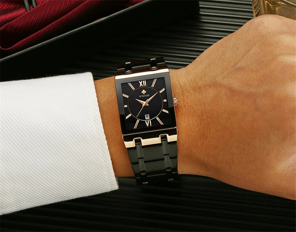 New Fashion Watches For Men, WWOOR Luxury Square Blue Men's Wristwatch, Stainless Steel Waterproof Quartz Clock, Male, Relogio Masculino