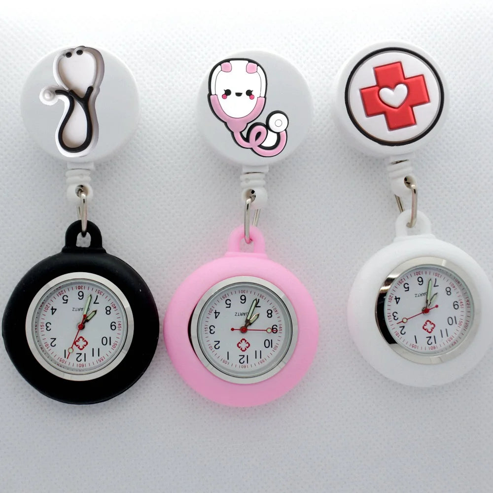Retractable Hospital Medical Icon Love Heart Badge Reel Cartoon, Nurse Doctor Pocket Watch, Hang Clips Quartz Watches Clock