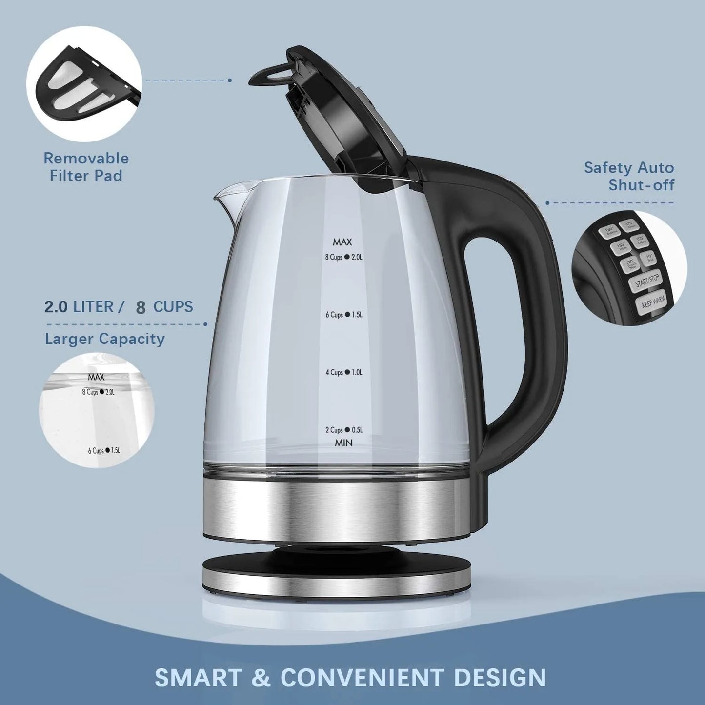 2Liter, Electric Glass Kettle, 2200W Fast Boil Temp Control Keep Warm 4H Auto Shut-Off Boil-Dry Protection for Coffee & Tea, DEVISIB