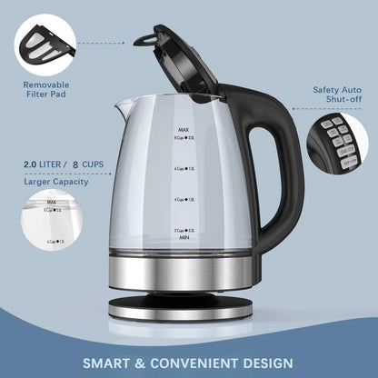 2Liter, Electric Glass Kettle, 2200W Fast Boil Temp Control Keep Warm 4H Auto Shut-Off Boil-Dry Protection for Coffee & Tea, DEVISIB