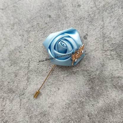Groom Boutonniere Lapel Pins, Wedding Corsage Suit Buttonhole Silk Roses Gold Leaves Men Women Brooch Flowers, Mariage Accessories