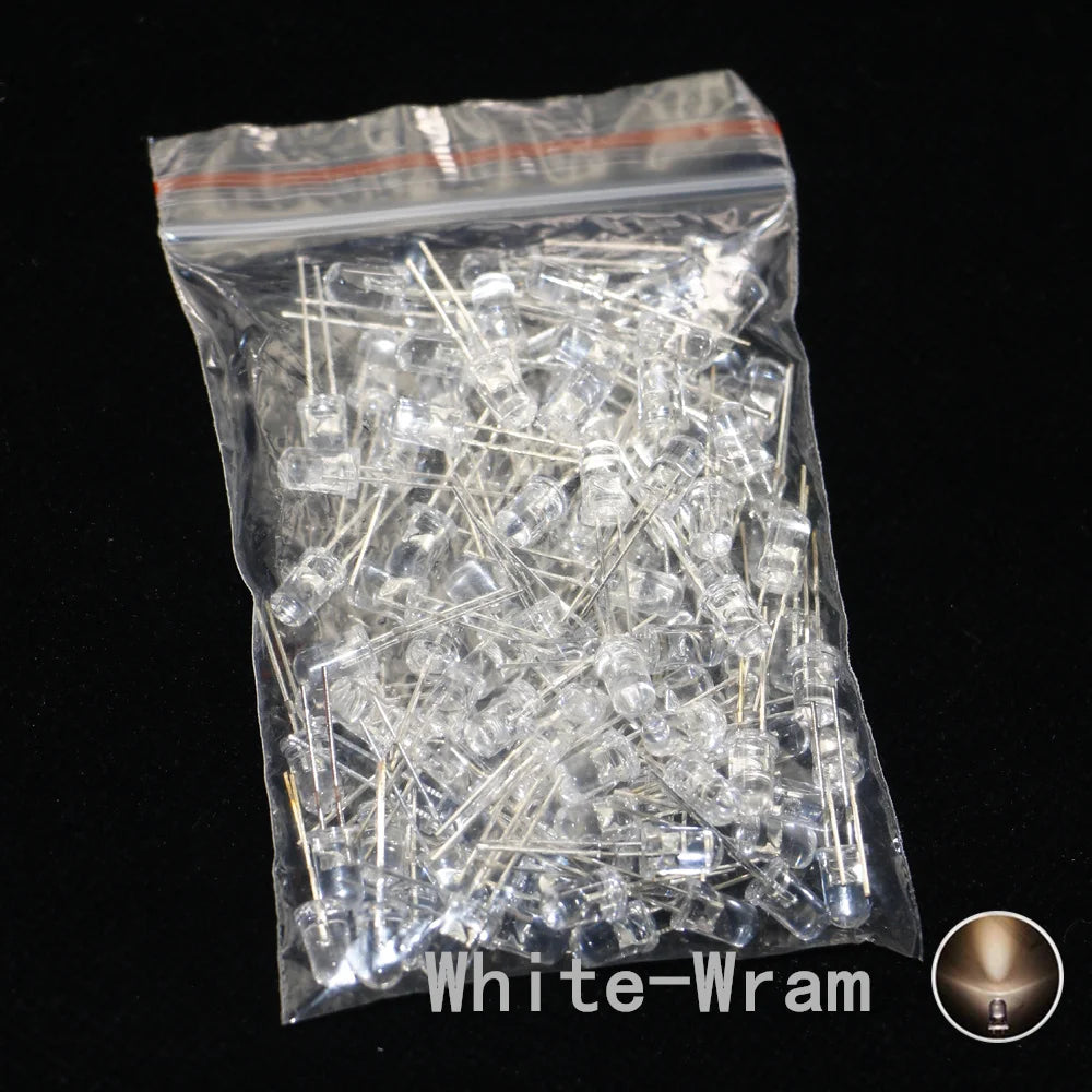 100pcs, 5mm LED Diode, 5mm Assorted Kit, White Green Red Blue Yellow Orange Pink Purple Warm white DIY Light Emitting Diode