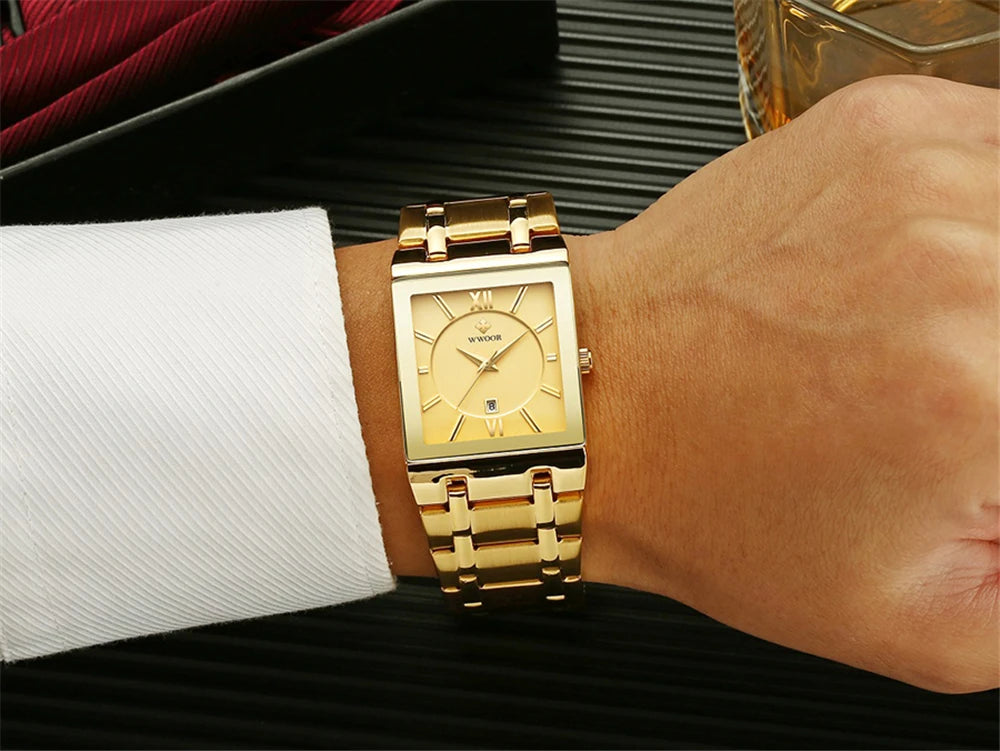 New Fashion Watches For Men, WWOOR Luxury Square Blue Men's Wristwatch, Stainless Steel Waterproof Quartz Clock, Male, Relogio Masculino