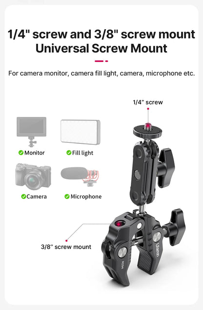 Metal Super Clamp with Double Ball Head, Magic Arm Clamp with 1/4" 3/8" Hole for DSLR Camera Monitor Light Mic Mount, Ulanzi R094