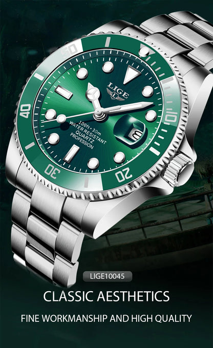 Luxury Fashion Diver Watch For Men, 30ATM Waterproof Date Clock, Sports Watch For Mens, Quartz Wristwatch, Relogio Masculino, LIGE Top Brand