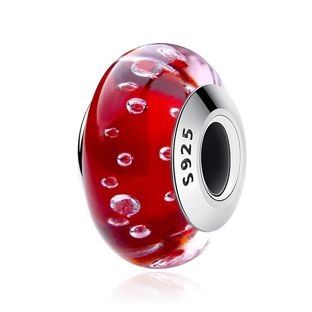 BAMOER 925 Sterling Silver Lovely Pink Flower European Murano Glass Charm Beads for DIY Charm Bracelets Christmas Gifts SCZ001