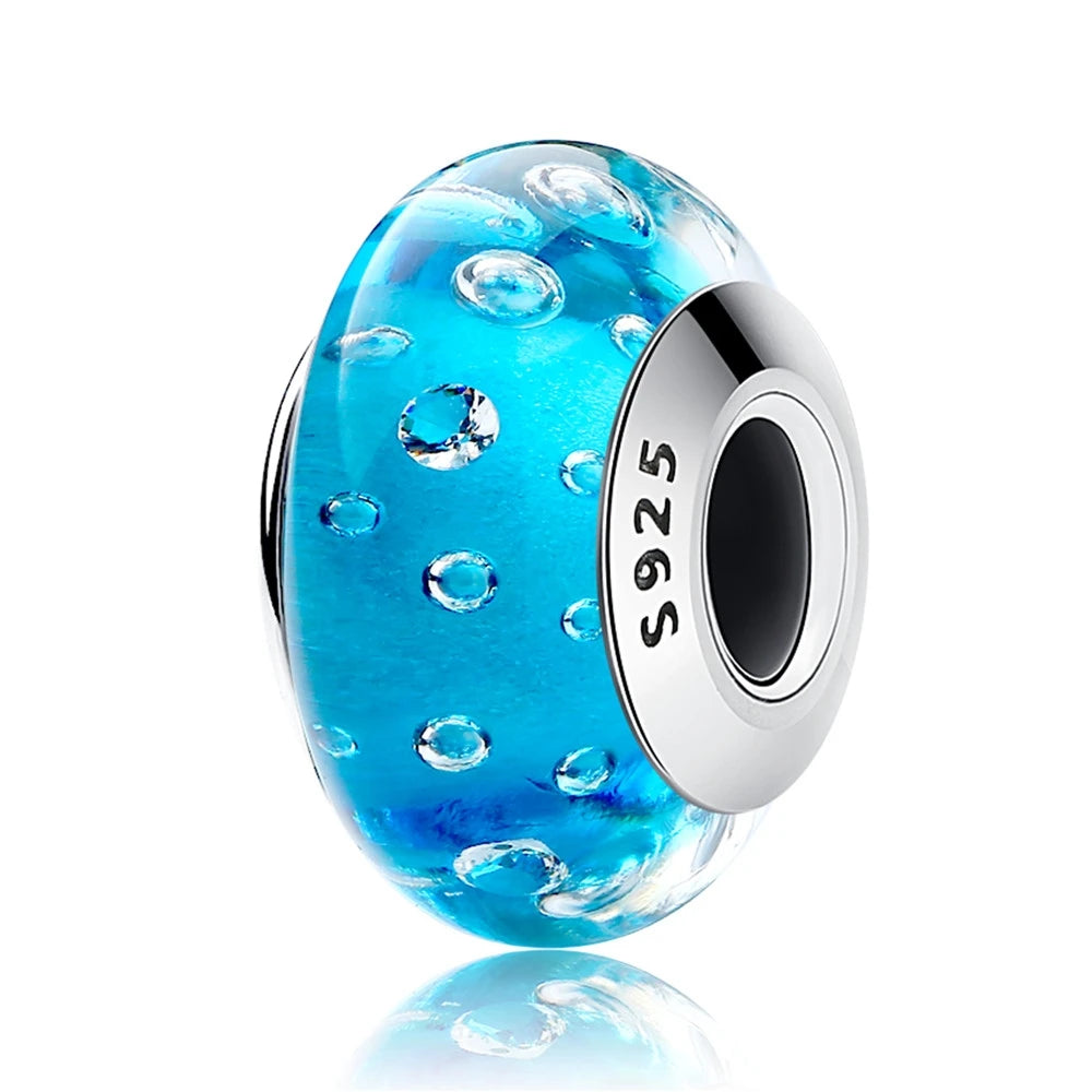 BAMOER 925 Sterling Silver Lovely Pink Flower European Murano Glass Charm Beads for DIY Charm Bracelets Christmas Gifts SCZ001