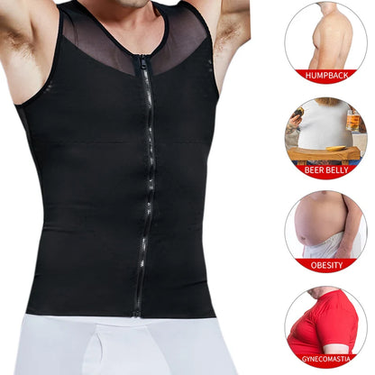 Men's Body Shaper, Abdomen Slimming Shapewear, Belly Shaping Corset, Top Gynecomastia Compression Shirts WIth Zipper Waist Trainer