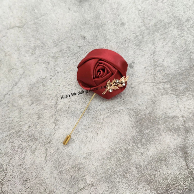 Groom Boutonniere Lapel Pins, Wedding Corsage Suit Buttonhole Silk Roses Gold Leaves Men Women Brooch Flowers, Mariage Accessories
