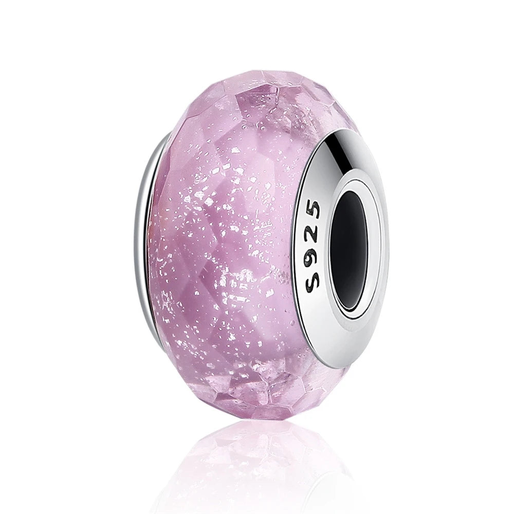 BAMOER 925 Sterling Silver Lovely Pink Flower European Murano Glass Charm Beads for DIY Charm Bracelets Christmas Gifts SCZ001