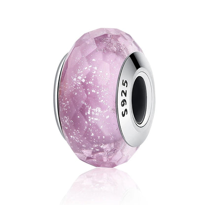 BAMOER 925 Sterling Silver Lovely Pink Flower European Murano Glass Charm Beads for DIY Charm Bracelets Christmas Gifts SCZ001