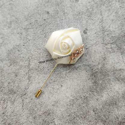 Groom Boutonniere Lapel Pins, Wedding Corsage Suit Buttonhole Silk Roses Gold Leaves Men Women Brooch Flowers, Mariage Accessories