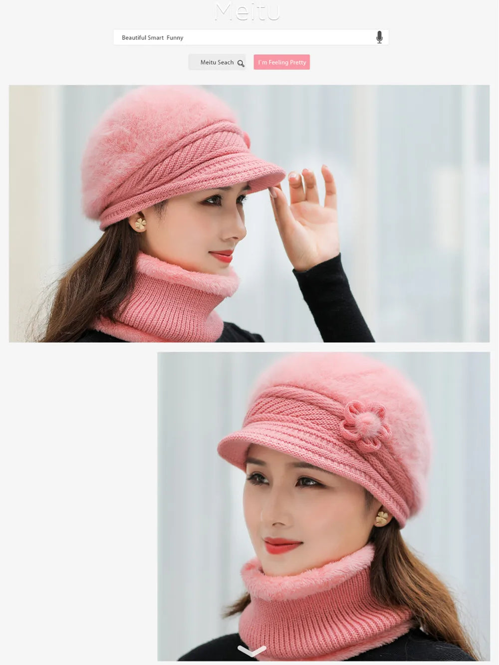 New Women Winter Hat, Keep Warm Cap, Add Fur Lined Hat & Scarf Warm Set, Fashion Hat For Women Casual Faux Fur Flower Knitted Hat