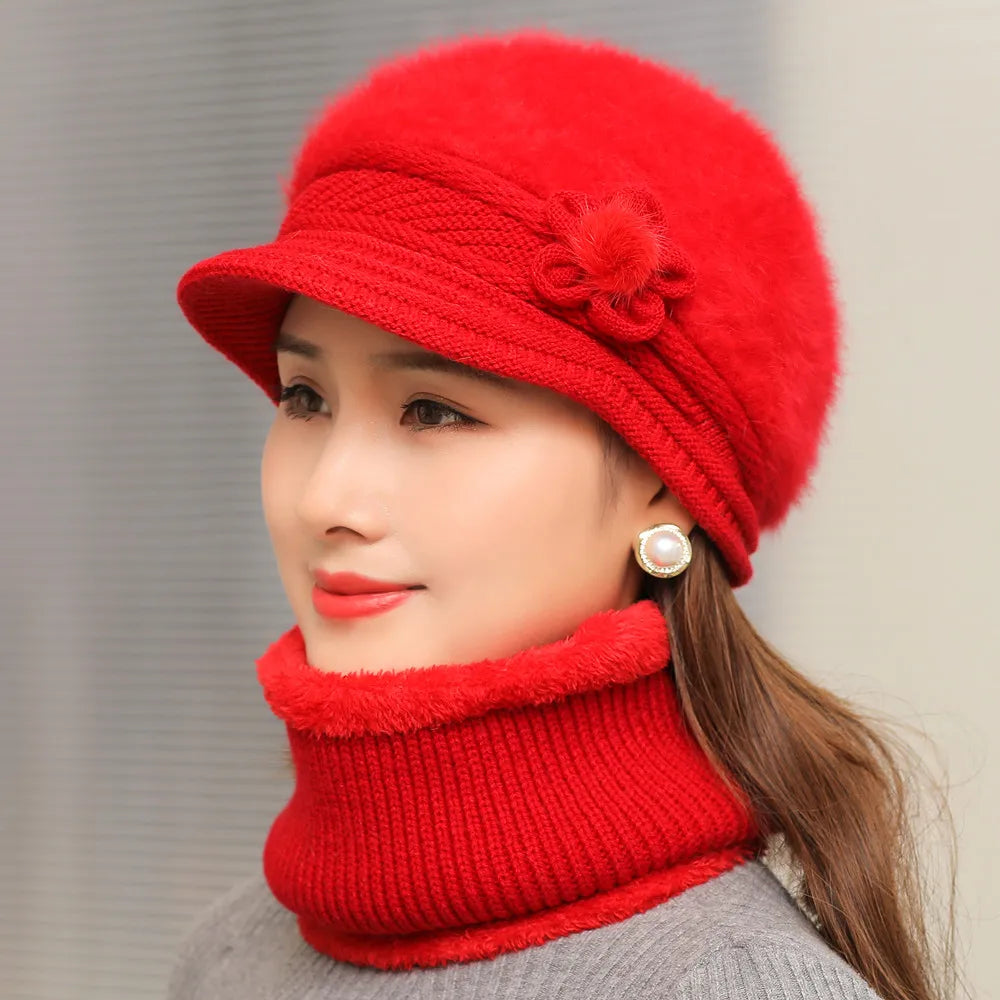 New Women Winter Hat, Keep Warm Cap, Add Fur Lined Hat & Scarf Warm Set, Fashion Hat For Women Casual Faux Fur Flower Knitted Hat