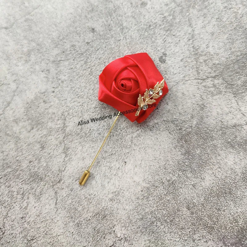 Groom Boutonniere Lapel Pins, Wedding Corsage Suit Buttonhole Silk Roses Gold Leaves Men Women Brooch Flowers, Mariage Accessories