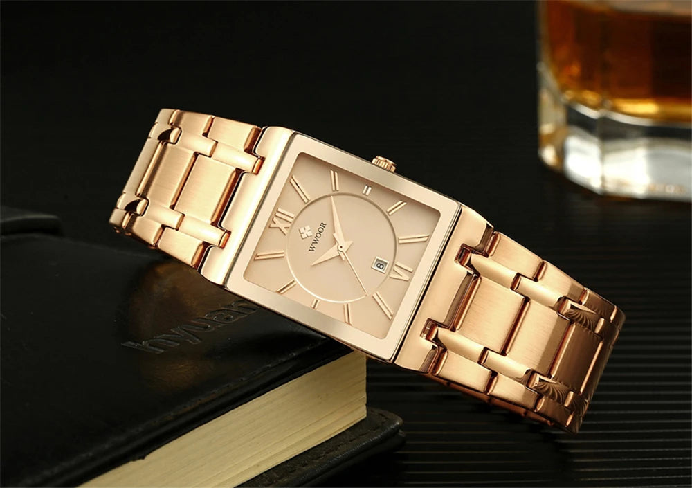 New Fashion Watches For Men, WWOOR Luxury Square Blue Men's Wristwatch, Stainless Steel Waterproof Quartz Clock, Male, Relogio Masculino