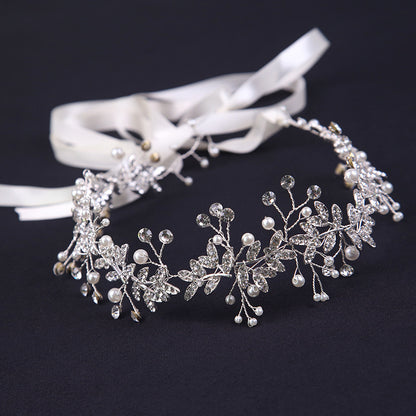 New Crystal Rhinestone Flower Headband, Ribbon Bow Hairband for Bride, Wedding Hair Accessories, Pearl Head Flower Headbands, Women Headwear