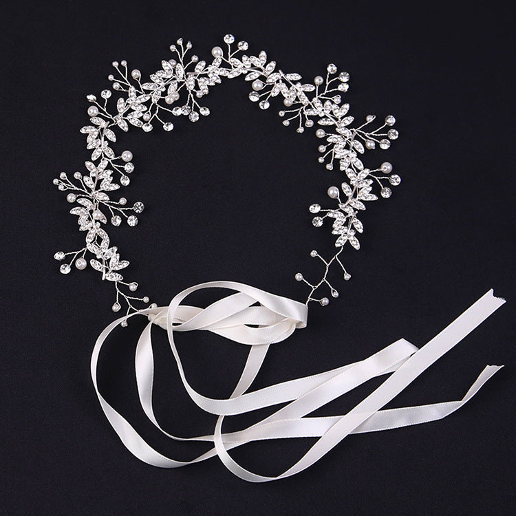 New Crystal Rhinestone Flower Headband, Ribbon Bow Hairband for Bride, Wedding Hair Accessories, Pearl Head Flower Headbands, Women Headwear