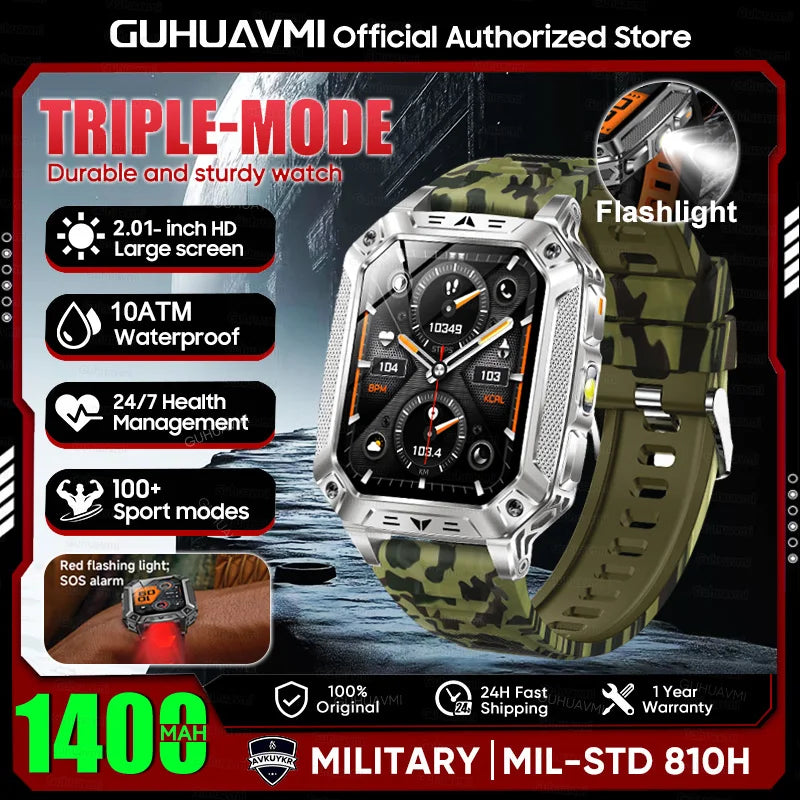 2026 New 1400mAh Large Battery Military Outdoor 2.01 inches Smart watch Men 10ATM Waterproof Bluetooth Call Sports Smart Watch
