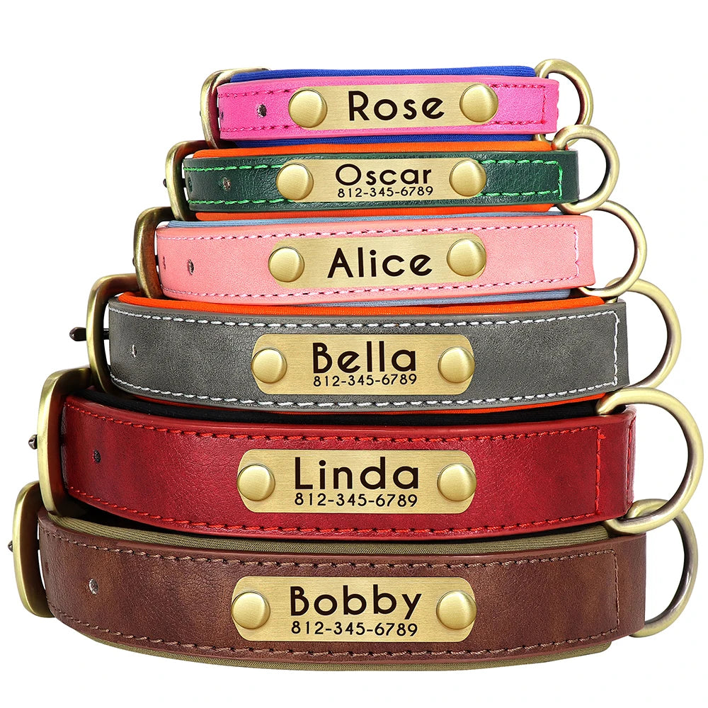 Customized Leather Dog Collar Leash Set, Soft Padded Leather Collar For Small Medium Large Dogs With Free Engraved Nameplate