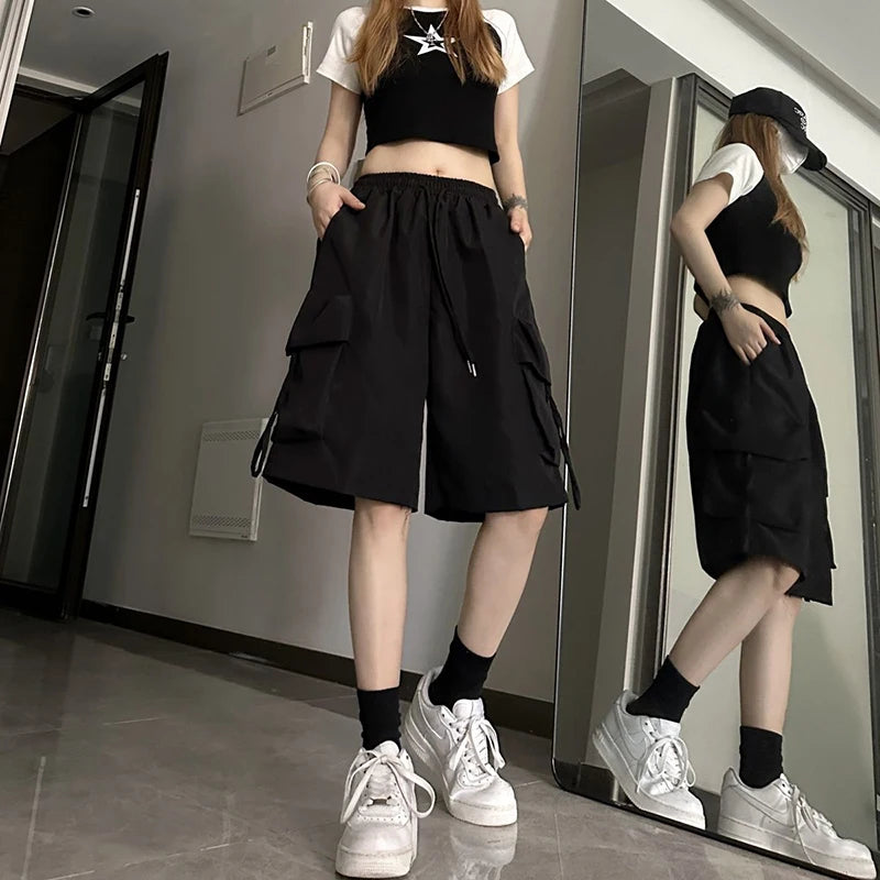 Women High Waist Cargo Shorts, American Style Streetwear, Summer Wide Leg Pants, Fashion Female Big Pocket Loose Shorts New, ZOKI
