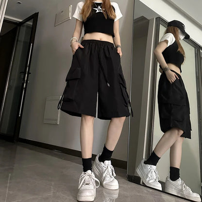 Women High Waist Cargo Shorts, American Style Streetwear, Summer Wide Leg Pants, Fashion Female Big Pocket Loose Shorts New, ZOKI
