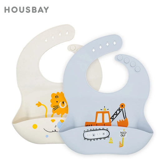 Waterproof Bibs For Kids, Baby Feeding & Eating Supplies, Soft Silicone Babeast Cartoon Printed Adjustable Baby Tasting Feeding Bibs