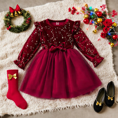 Girl's Autumn Winter Velvet Long-Sleeved Mesh Bow Princess Dress - New Year Children's Party Festive Dress