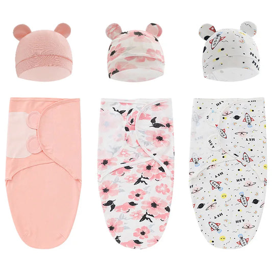 Baby Blanket Hat Set, Cartoon Printed Cotton Newborn Swaddle, Adjustable Infant Sleeping Swaddle Wraps, All Seasons, 0-6 Months