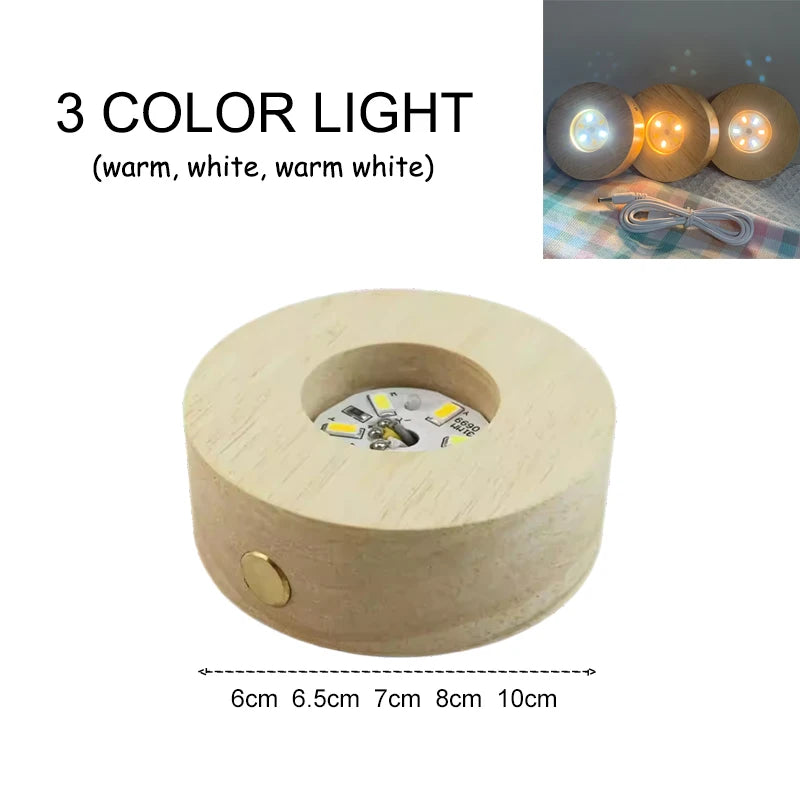 Creative DIY Wooden Luminous Lamp Holder Touch Switch Rechargeable LED Light Display Base Crystal Glass Resin Art Ornament